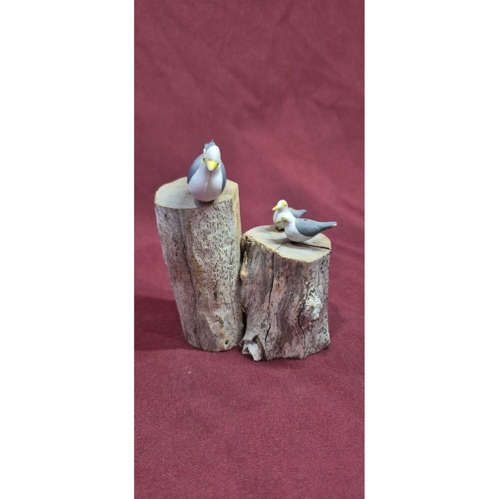 Vintage Hand Carved Wooden Seagulls On Driftwood Stump Nautical Folk Art Decor